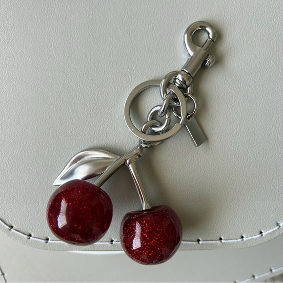 New Cherry Bag Charm Keychain Glitter Resin and Silver Metal Apple Red - Picture 3 of 3